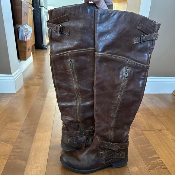 LUXURY REBEL Brown Distressed Leather Over Knee Harness Zip Boots size 7.5 - Picture 4 of 12